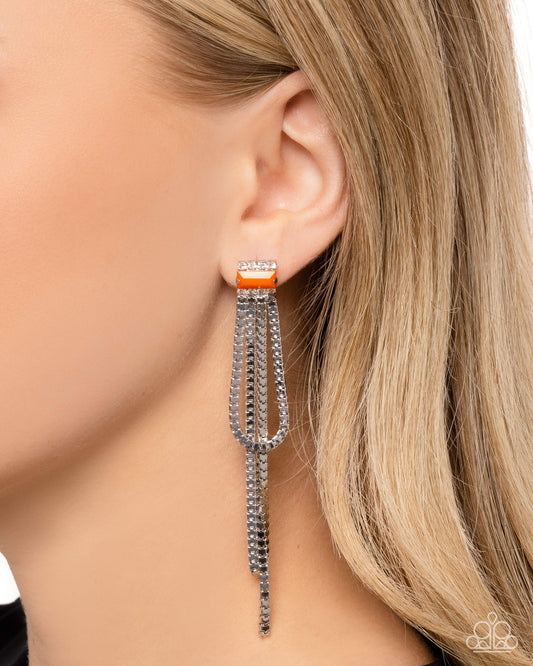 Classy Curves - Orange Emerald-Cut Acrylic & Silver Chain Fringe Paparazzi Earrings