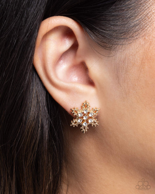 Snowflake Spell - Gold Studded Snowflake/White Rhinestone Embellished Paparazzi Earrings