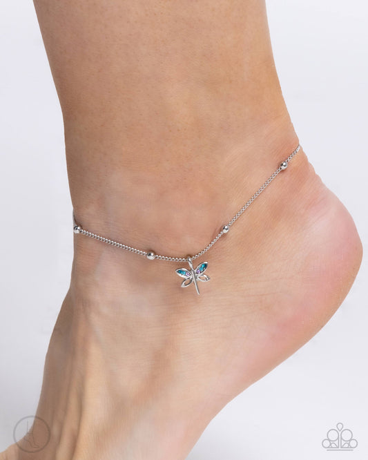 Dainty Dragonfly - Blue Rhinestone Embellished Dragonfly Charm Paparazzi Anklet