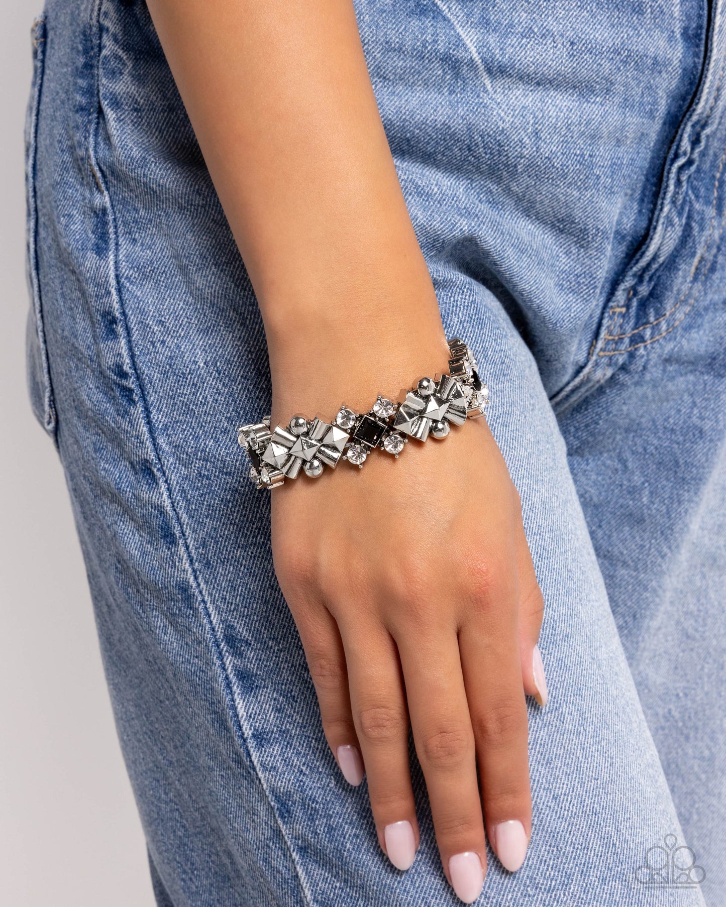 Square Service - Black & White Rhinestones/Silver Beaded Paparazzi Stretch Bracelet