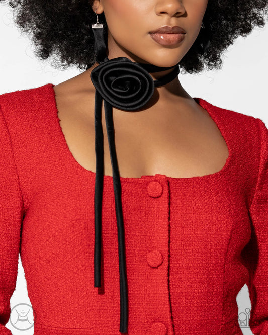 Rosette Reality - Black Oversized Silk Rosette Paparazzi Necklace & matching earrings