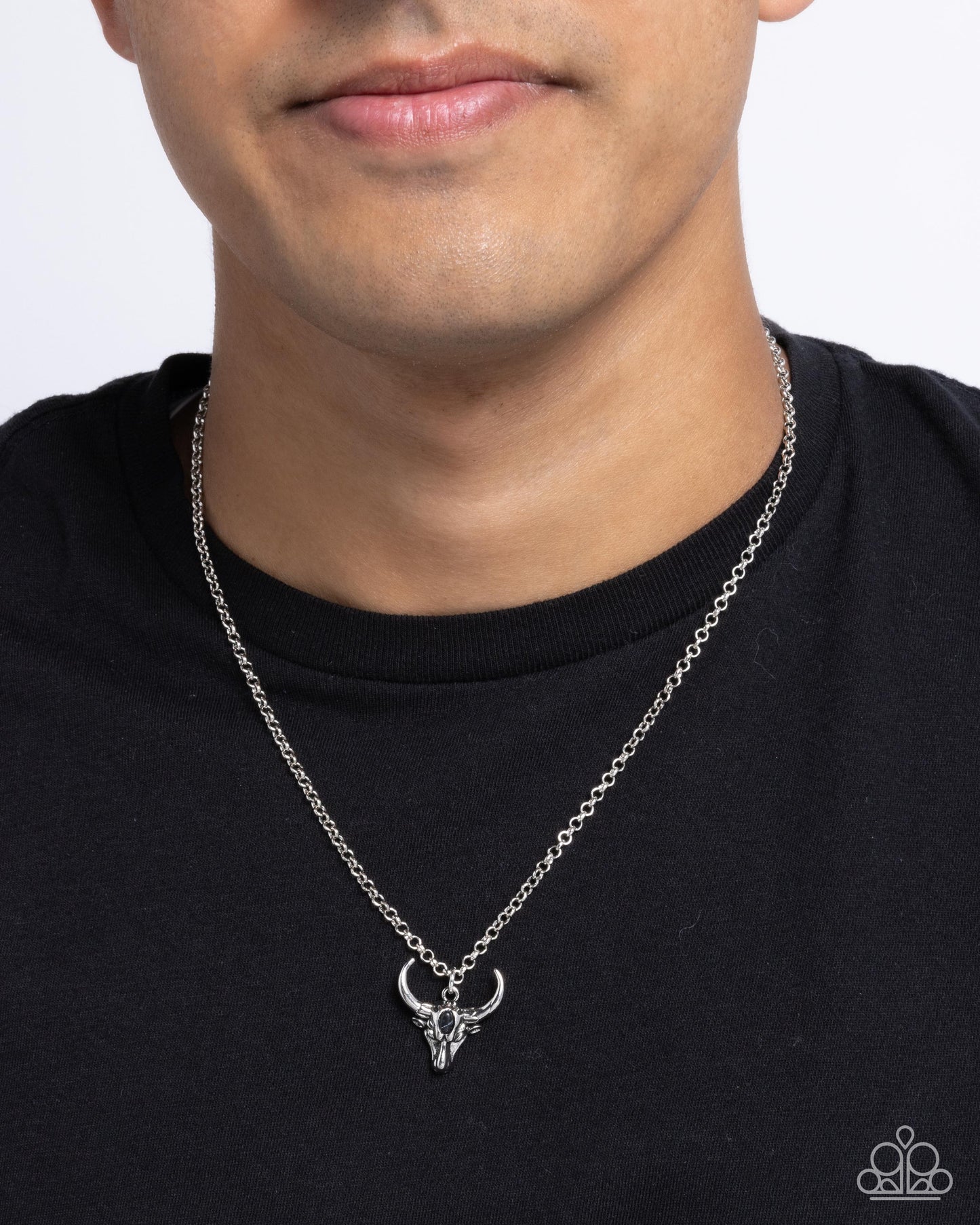 Speeding Up - Black Stone Bead/Silver Longhorn Skull Pendant Paparazzi Necklace