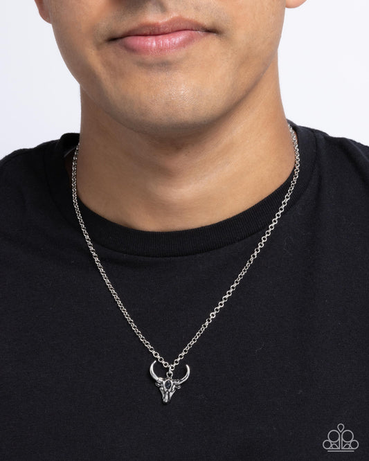 Speeding Up - Black Stone Bead/Silver Longhorn Skull Pendant Paparazzi Necklace