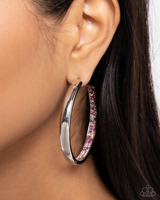 Proper Pizzazz - Pink & Iridescent Rhinestone Embellished Silver Hoop Paparazzi Earrings