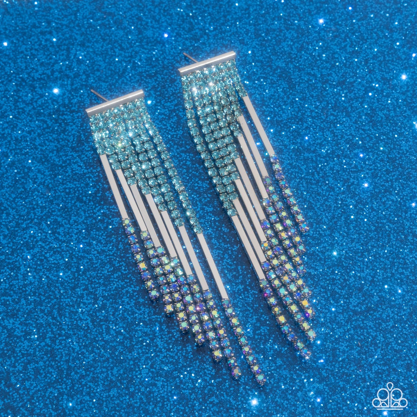 Careless Cascade - Blue Iridescent Rhinestones/Silver Bar Paparazzi Fringe Earrings