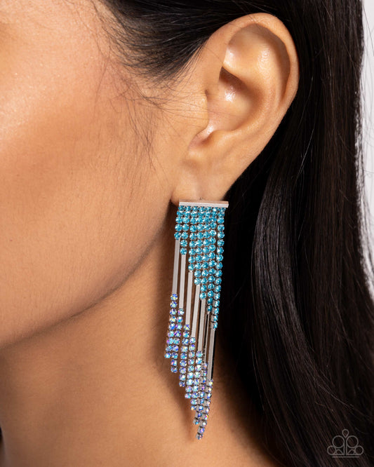 Careless Cascade - Blue Iridescent Rhinestones/Silver Bar Paparazzi Fringe Earrings