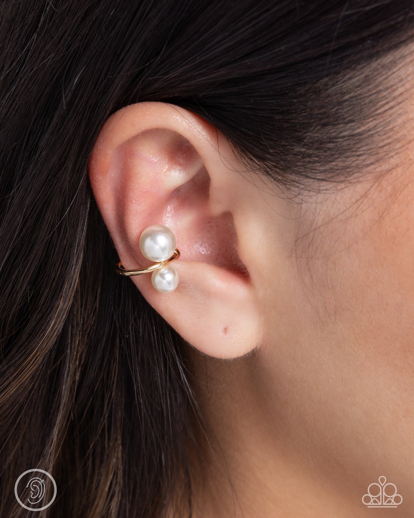 Elegant Emblem - Gold Hoop & White Pearls Paparazzi Ear Cuff Earrings