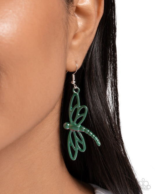 Dapper Dragonfly - Green Iridescent Overlay Dragonfly Paparazzi Earrings