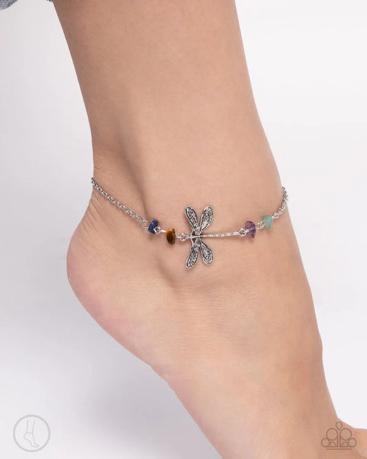 Dragonfly Dawn - Multicolored Stone Pebbles/Silver Dragonfly Paparazzi Anklet