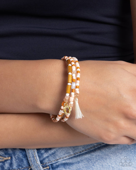 Colored Conversation - Orange, Ivory, Tomato Seed Beads/Wooded Beads/Gold Accents Paparazzi Coil Bracelet