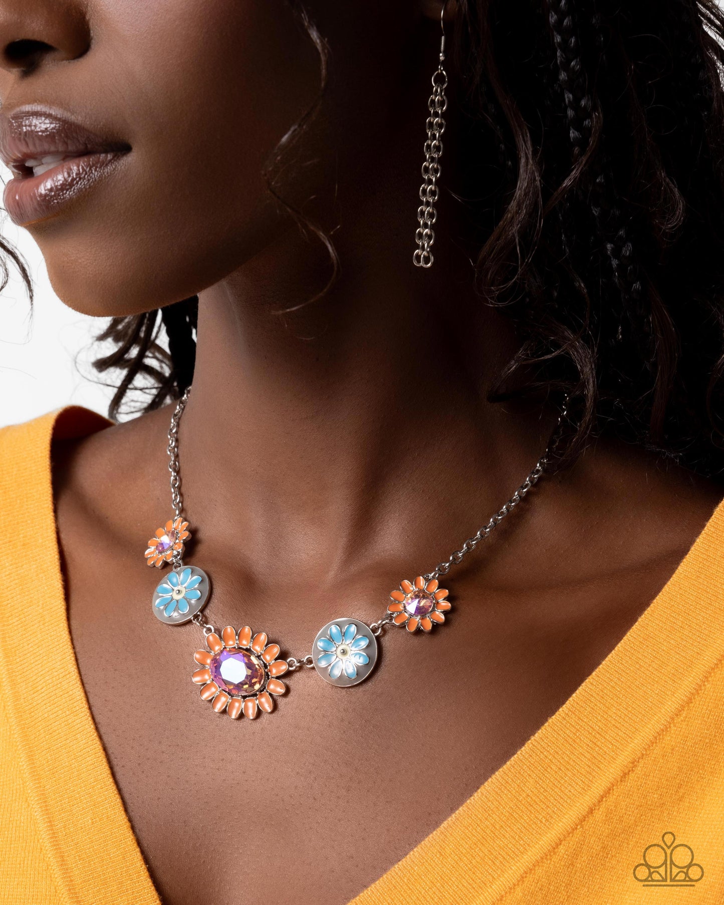 Floral Facade - Orange Rhinestones/Blue, Orange Flowers Paparazzi Necklace & matching earrings