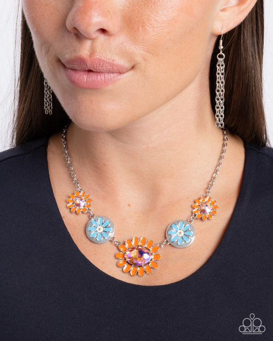 Floral Facade - Orange Rhinestones/Blue, Orange Flowers Paparazzi Necklace & matching earrings