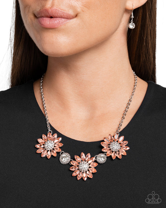 Vulnerable Vacation - Orange Gem Petals/White Rhinestone Centers Paparazzi Flower Necklace & matching earrings