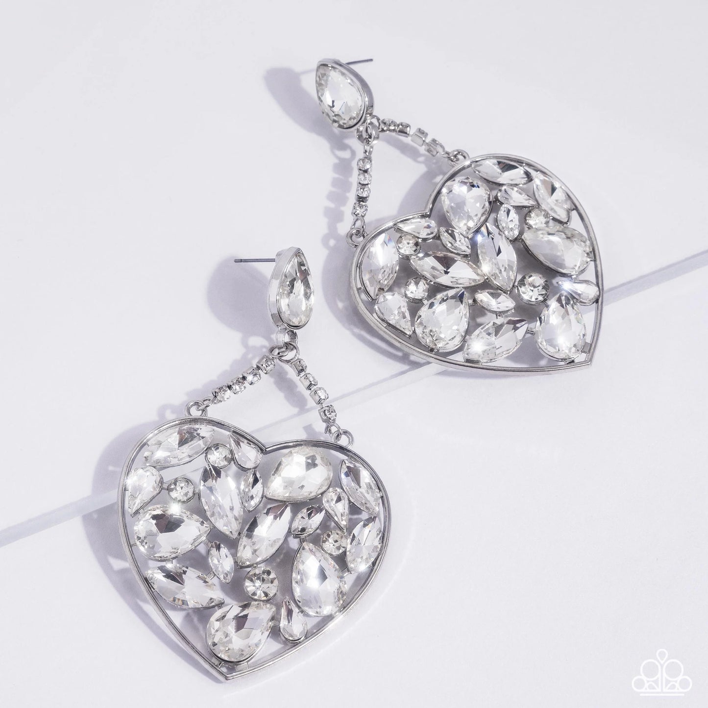 Glittery Gait - White Rhinestone Filled Oversized Silver Heart Paparazzi Earrings