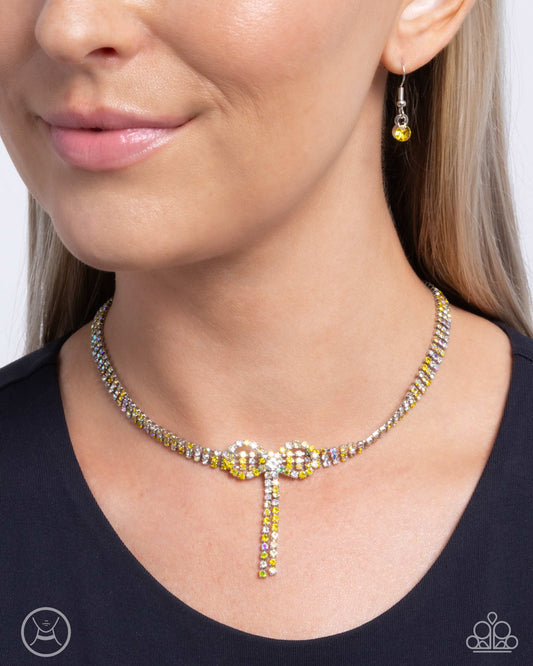Buckingham Bow - Yellow/Iridescent Rhinestone Bow Paparazzi Choker Necklace & matching earrings