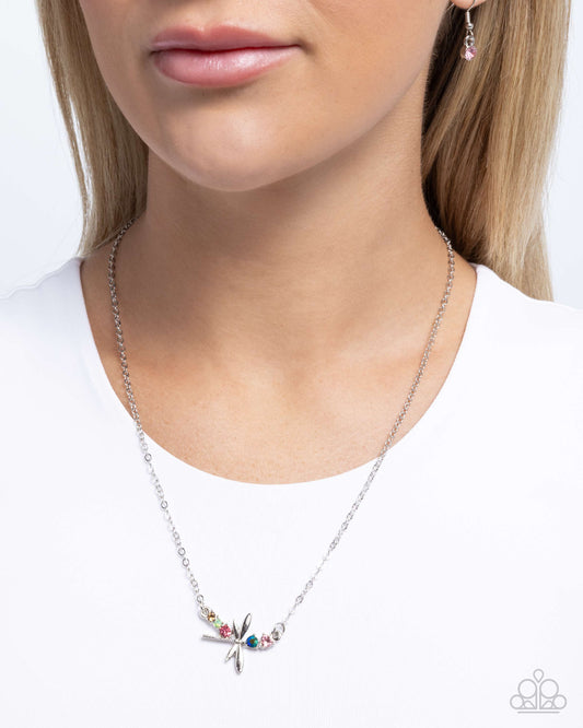 Dragonfly Deed - Multicolored Rhinestones/Silver Dragonfly Paparazzi Necklace & matching earrings