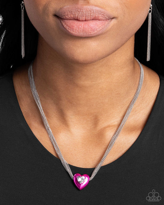 Malibu Infatuation - Pink Metallic Heart/Cubic Zirconia Heart/Silver Chains Paparazzi Necklace & matching earrings