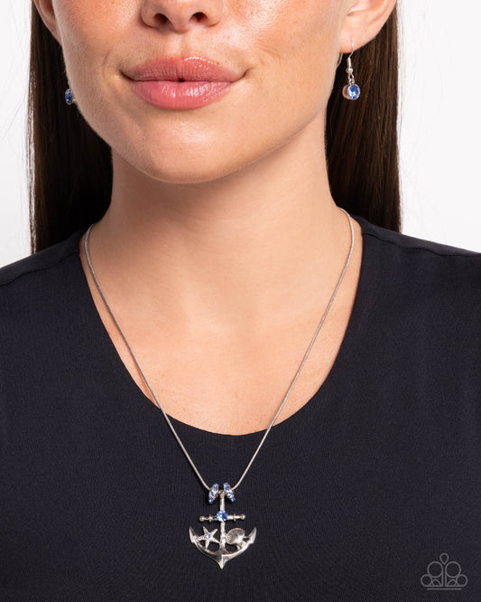 Anchored Accent - Blue Rhinestone Embellished Silver Anchor Pendant Paparazzi Necklace & matching earrings