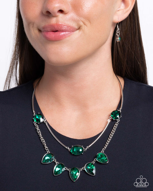 Confident Cascade - Green Oversized Gems/Curved Silver Bars Paparazzi Necklace & matching earrings