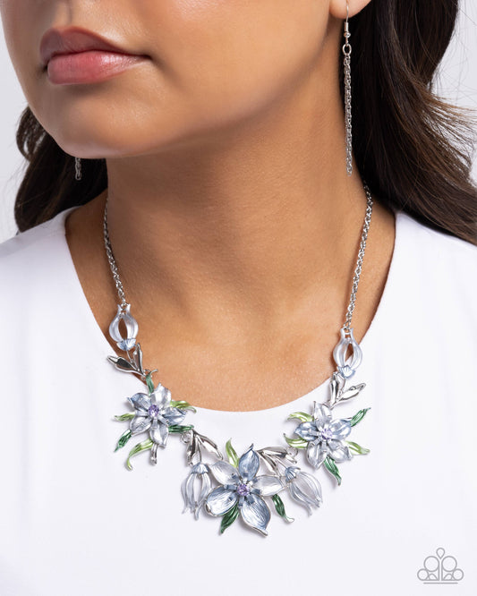 Floral Protocol - Blue Pearlized Flowers/Green Pearlized Leaves Paparazzi Necklace & matching earrings