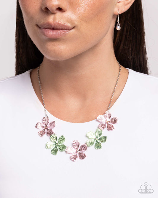 Featured Finesse - Pink/Green Crimped Texture Flowers Paparazzi Necklace & matching earrings