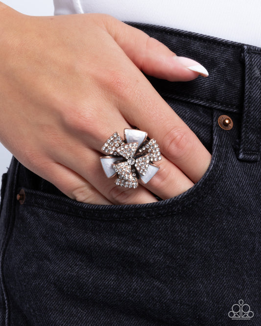Persuasive Pizzazz - Copper Ribbon-Like Petals/White Painted Petals Paparazzi Flower Ring