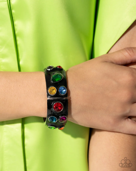 Planed Polka Dots - Multicolored Gems & Black Band Paparazzi Hinge Bracelet