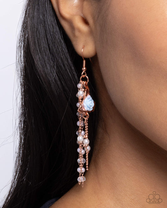 The Toast of the Ton - Copper Ball Chain Tassels, White Pearls, Dainty Blue Tose Paparazzi Earrings