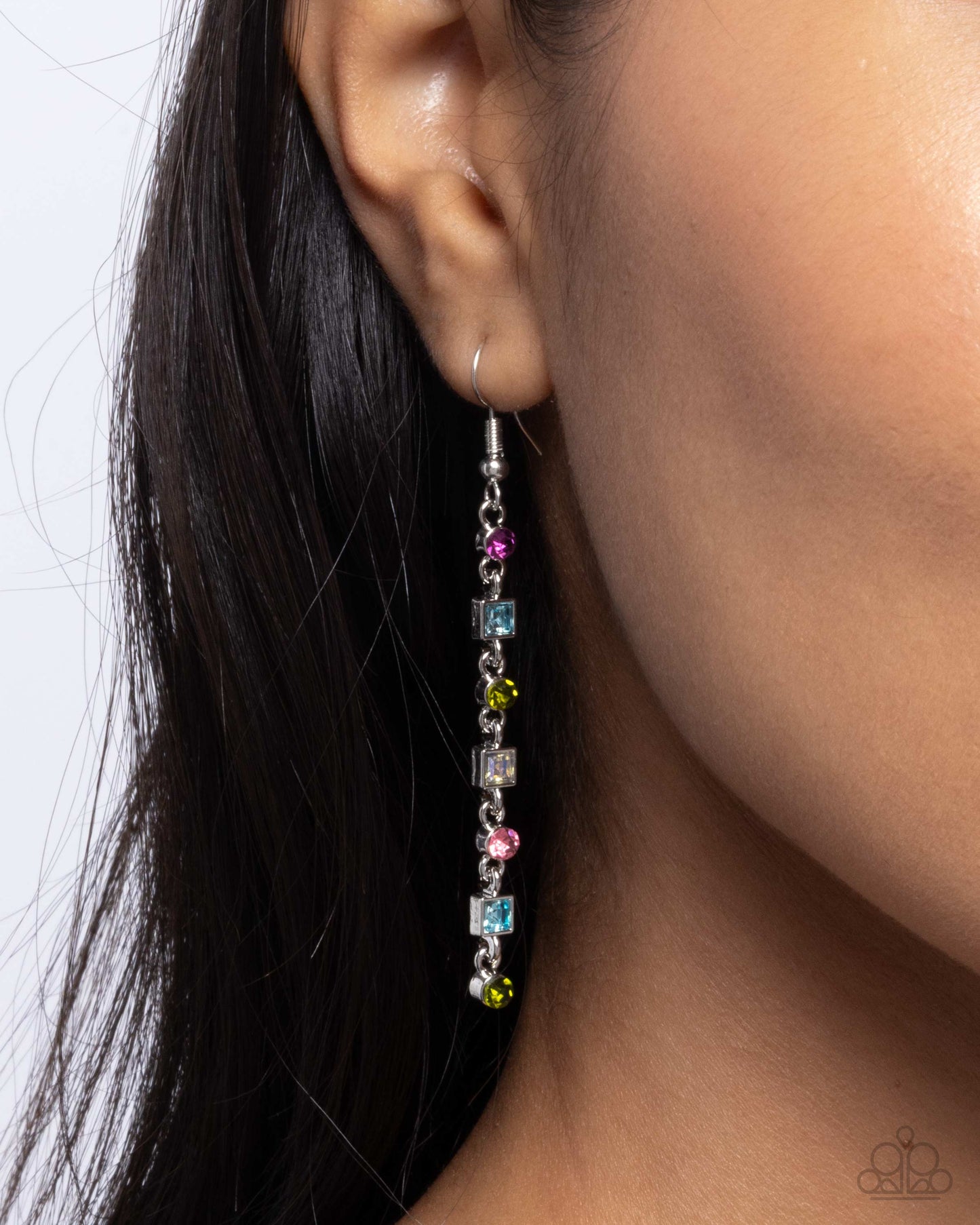 Square Slope - Multicolored Square & Round Rhinestone Paparazzi Earrings
