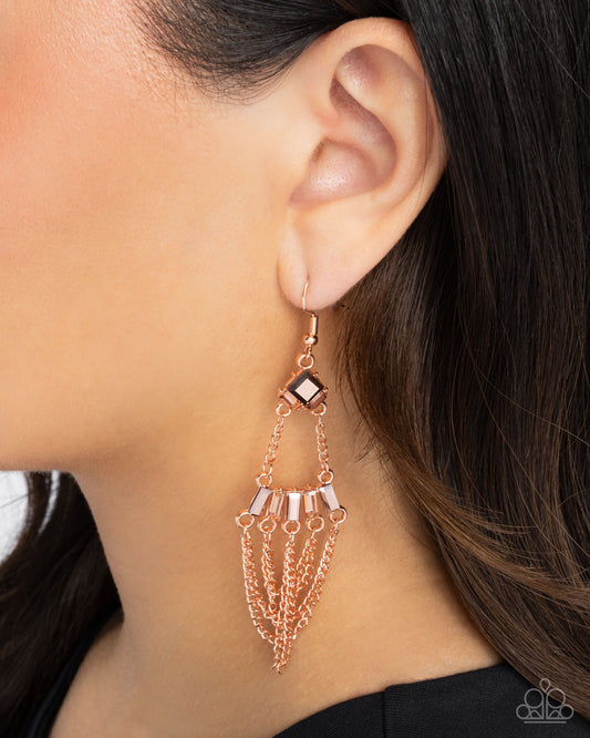 Fringe Fantasy - Copper Chain Fringe/Copper Aurum Rhinestones Paparazzi Earrings