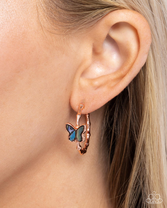 Butterfly Beginning - Copper Textured Hoop/Faux Abalone Shell Butterfly Paparazzi Earrings