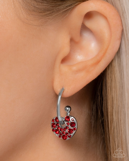 Valentines Valor - Red Rhinestone Embellished Silver Heart Charm/Silver Hoop Paparazzi Earrings