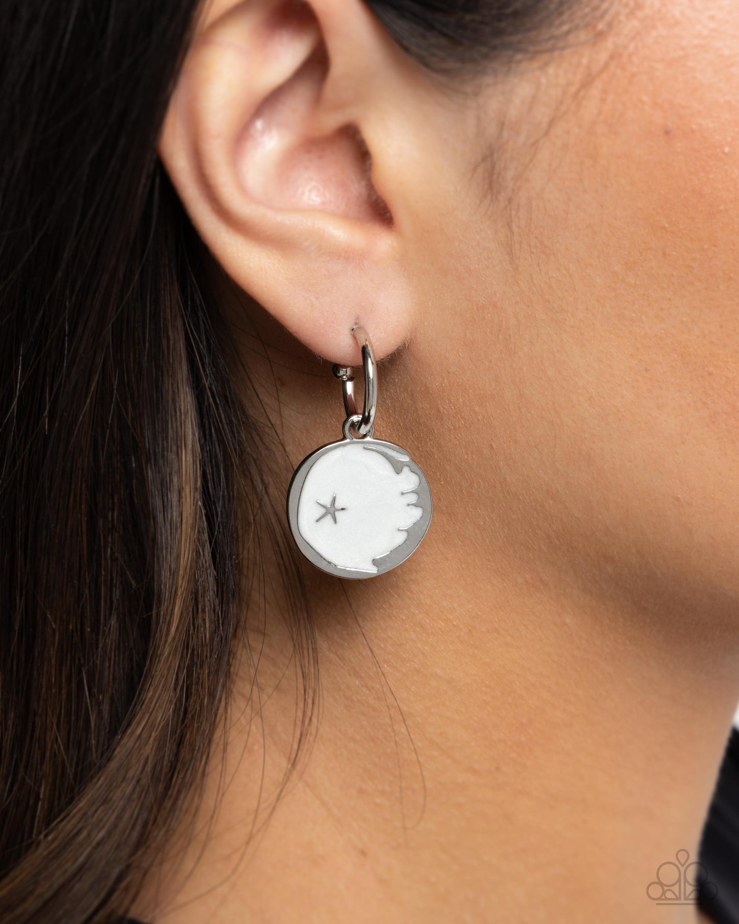 South Star - White Pearl Painted/Silver Star Disc Paparazzi Hoop Earrings