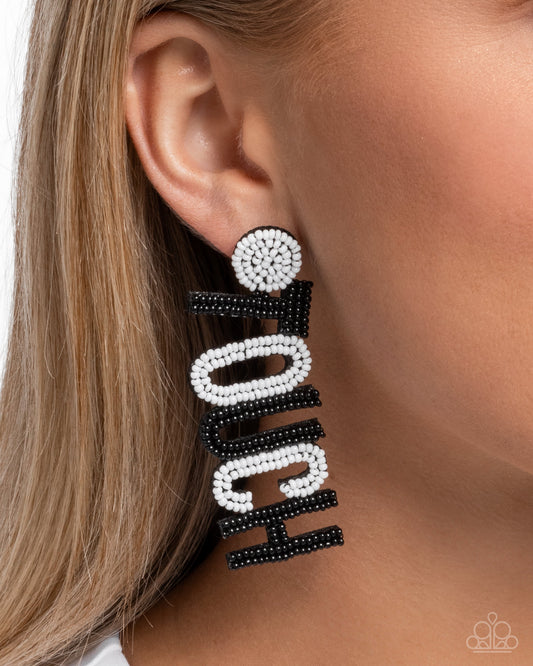 Touchdown Texture - Black & White Seed Bead Embellished "TOUCH DOWN" Paparazzi Earrings