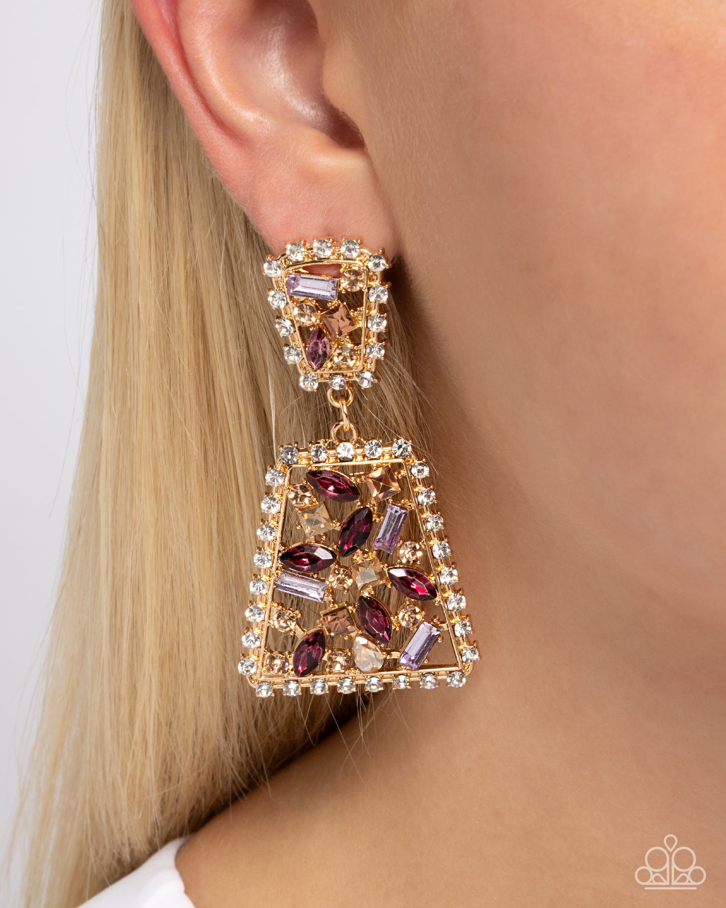Glistening Gala - Purple, Peach, White Rhinestones & Gold Abstract Frame Paparazzi Earrings