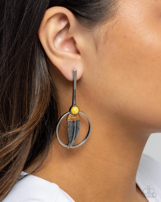 Feathered Future - Yellow Stone/Brown Twine/Silver Feather Paparazzi Earrings