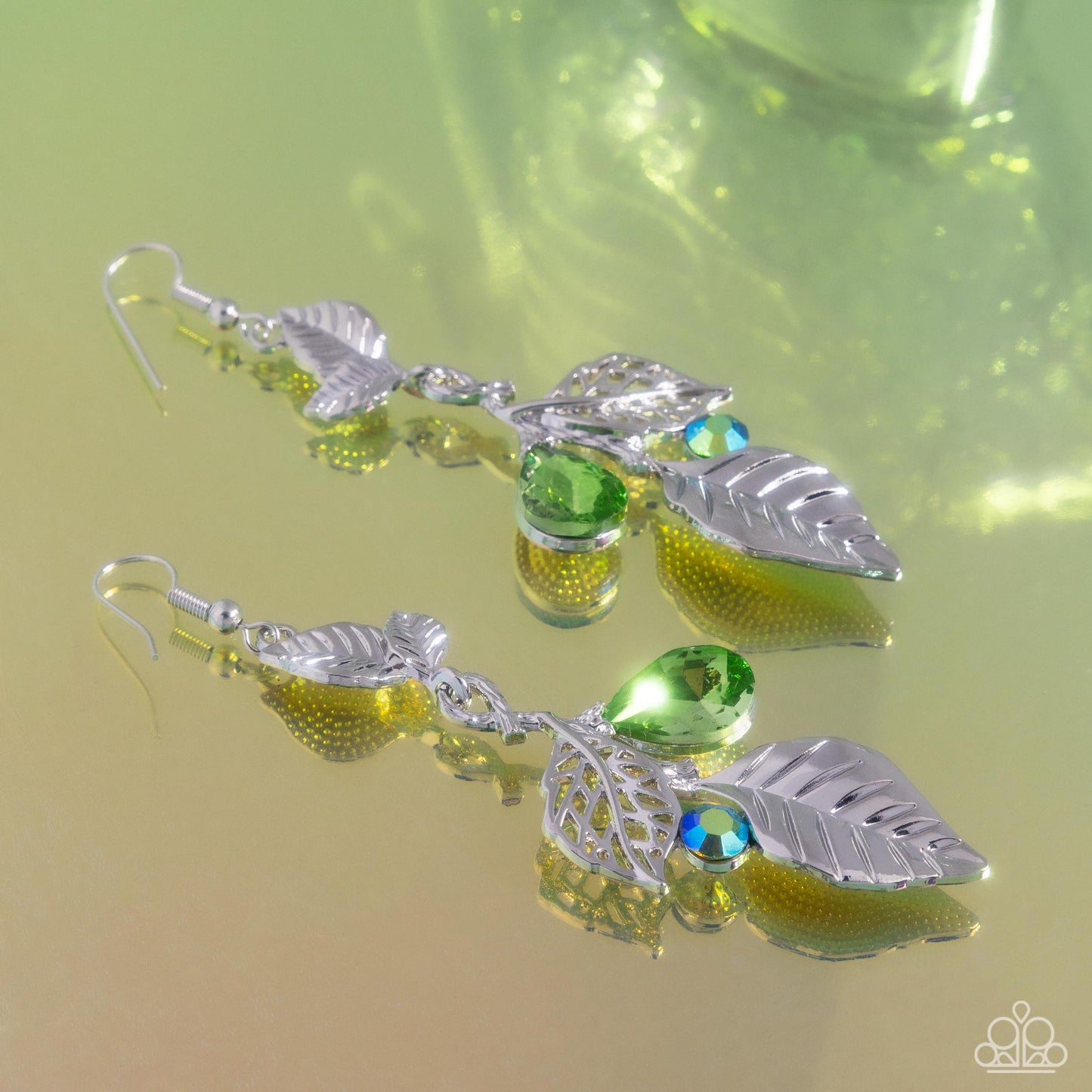 Descending Dazzle - Green Teardrop Gem/Iridescent Green Rhinestone/Silver Filigree Leaf Paparazzi Earrings
