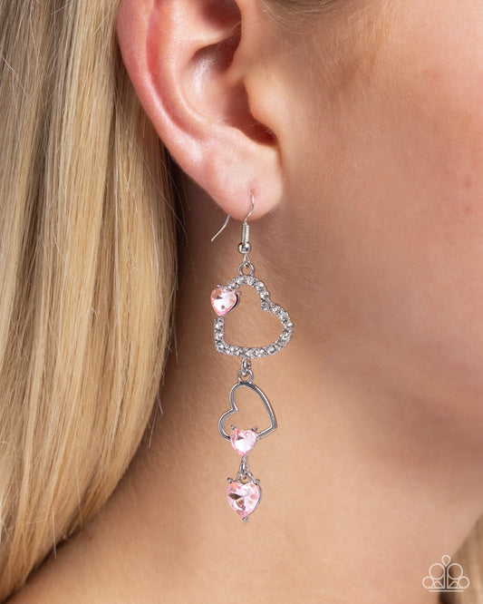 Courting Cascade - Pink UV Heart Gems/White Rhinestone Silver Heart Frames Paparazzi Earrings