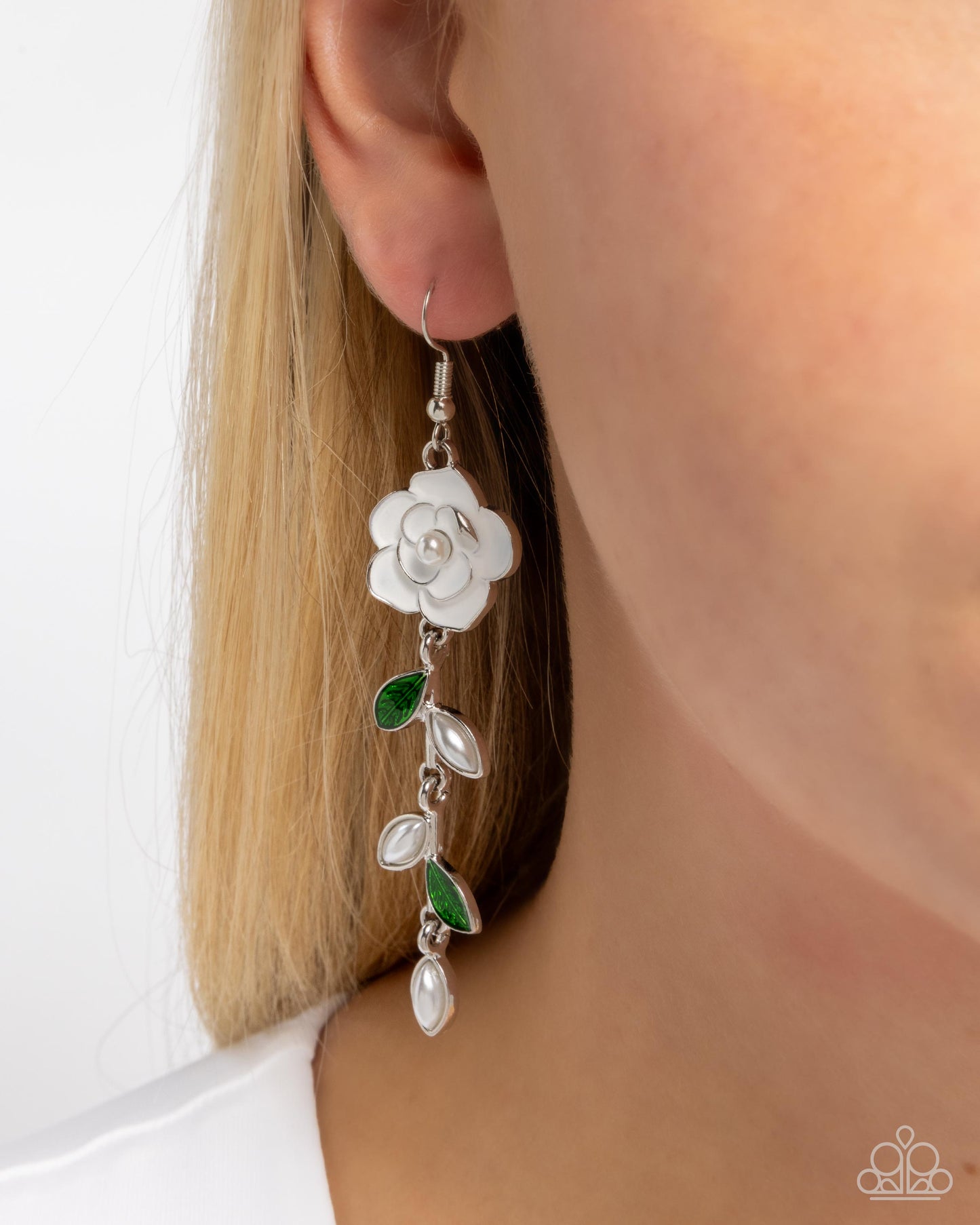 Lattice Lure - White Painted Silver Rose, Silver Vine, White Pearl & Green Leaves Paparazzi Earrings