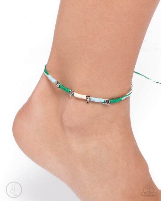 Turtle Task - Multicolor Emerald, Blue, Ivory Cording/Silver Coastal Charms Paparazzi Anklet