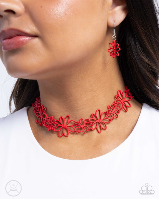 Bouquet Blend - Red Airy Flower Paparazzi Choker Necklace & matching earrings