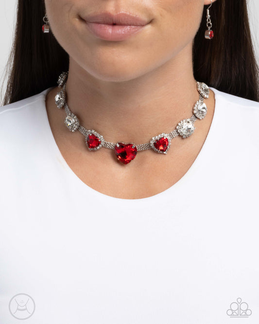 Valentines Vibe - Red Heart Gems/White Round Gems Paparazzi Choker Necklace & matching earrings