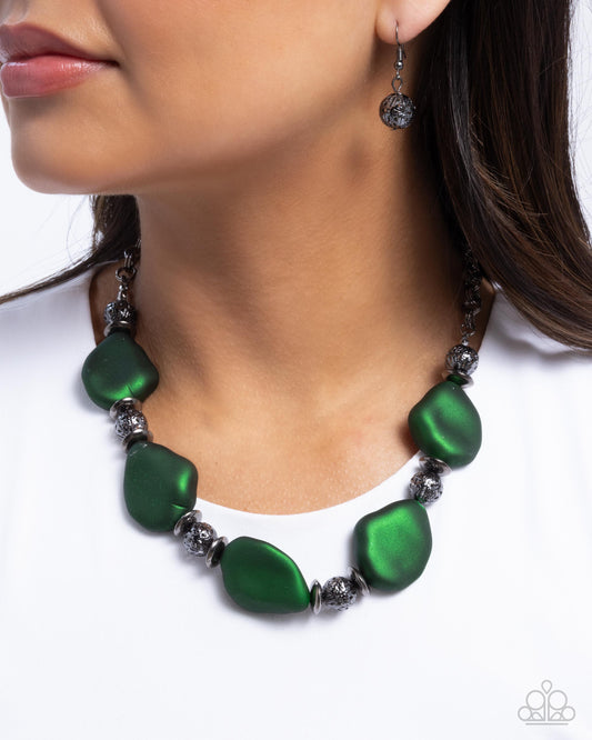 Refulgent Reformation - Green Abstract Beads/Gunmetal Discs Paparazzi Necklace & matching earrings