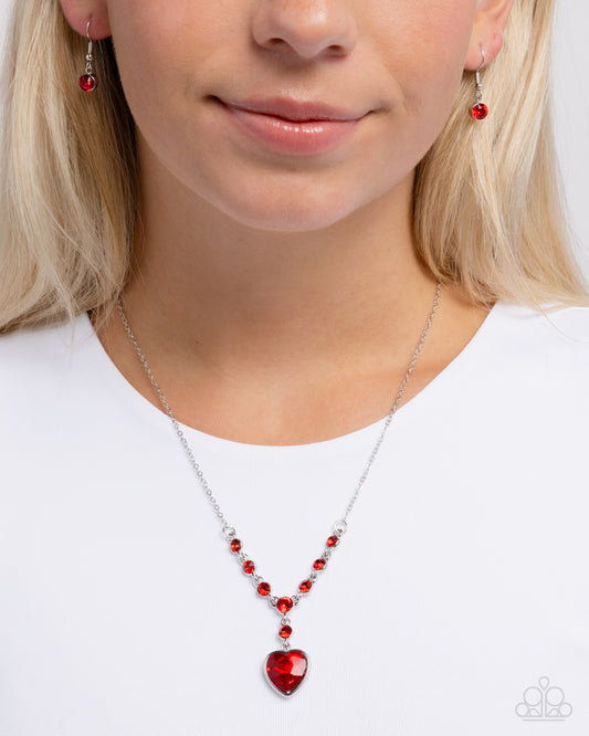 Fresh Fondness - Red Faceted Gems/Heart Pendant Paparazzi Necklace & matching earrings