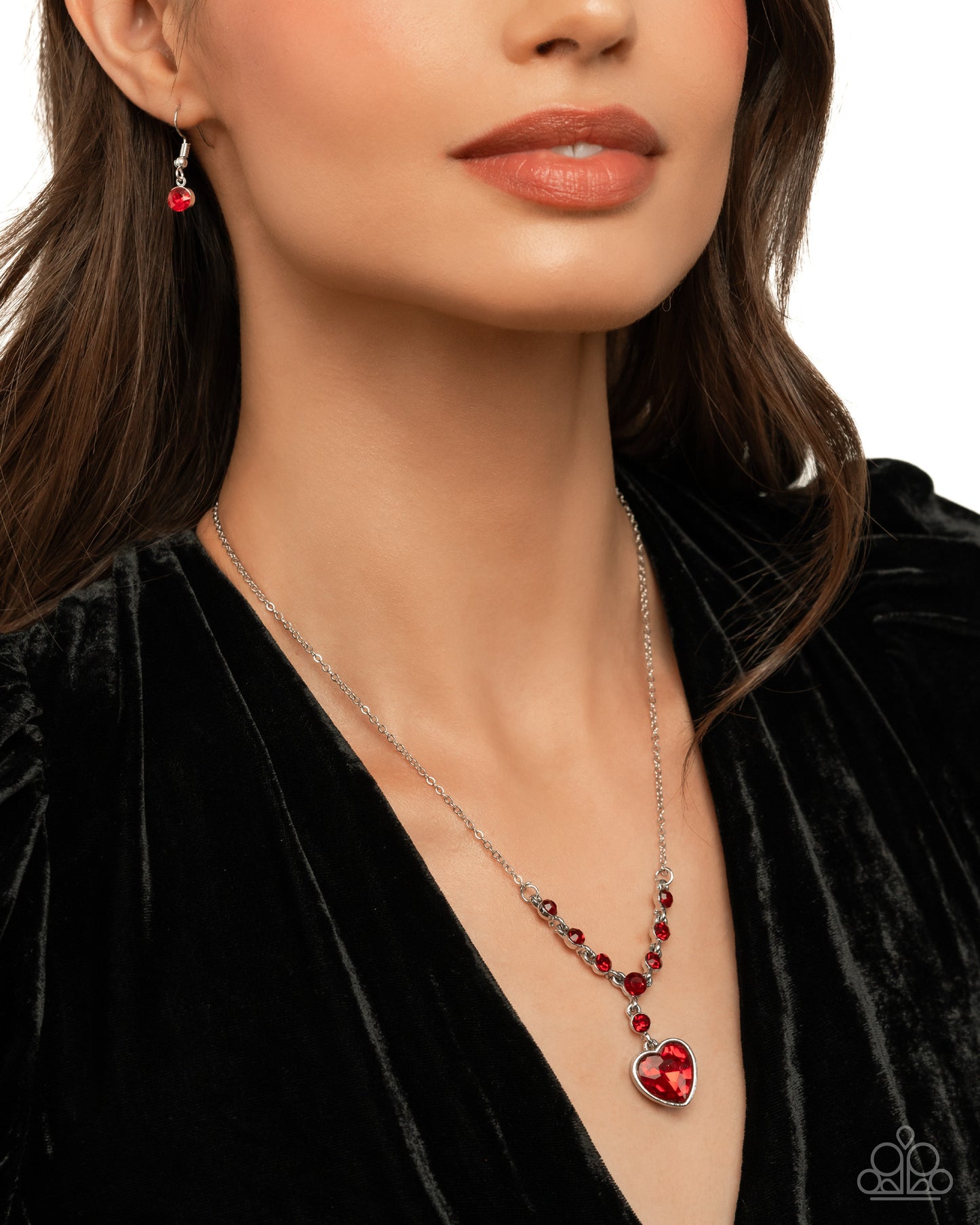 Fresh Fondness - Red Faceted Gems/Heart Pendant Paparazzi Necklace & matching earrings