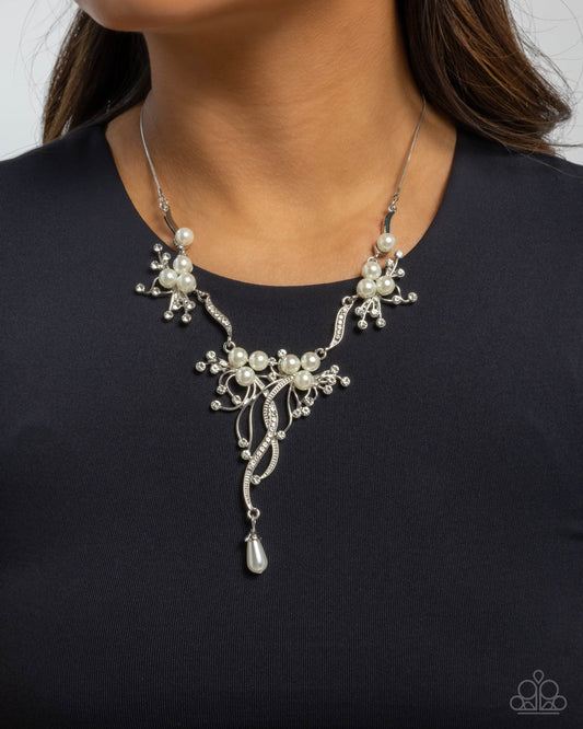 Grapevine Getaway - White Pearls/White Rhinestone Clusters Paparazzi Necklace & matching earrings