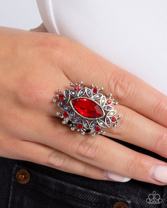 Elaborate Effect - Red Gem/Iridescent Rhinestones/Silver Filigree Frame Paparazzi Ring