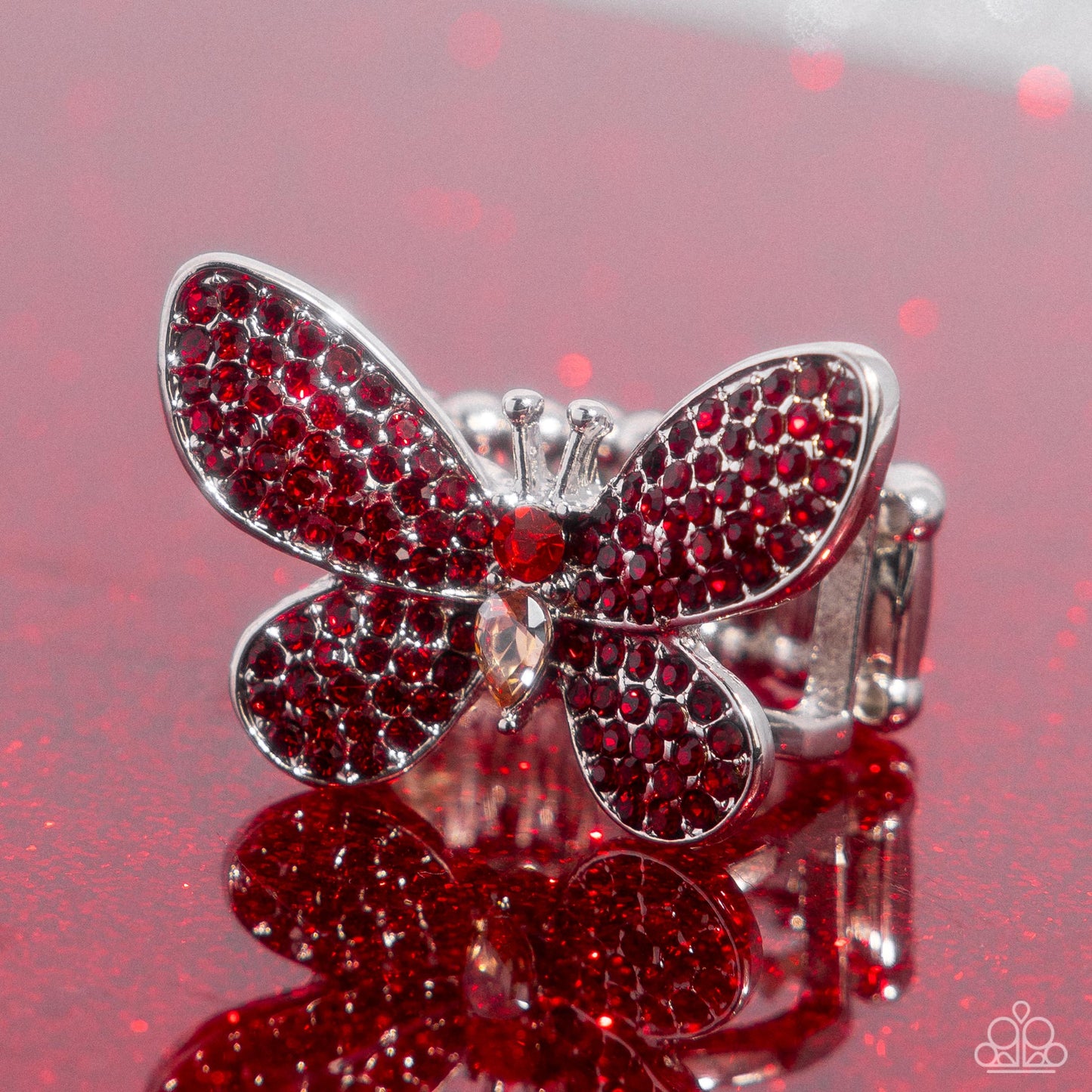 Admirable Ascension - Red Rhinestone Embellished Silver Butterfly Paparazzi Ring
