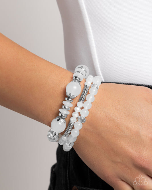 Flashy Frugality - White Crystal-Like & Milky Beads/Silver Discs Paparazzi Set of 3 Stretch Bracelets