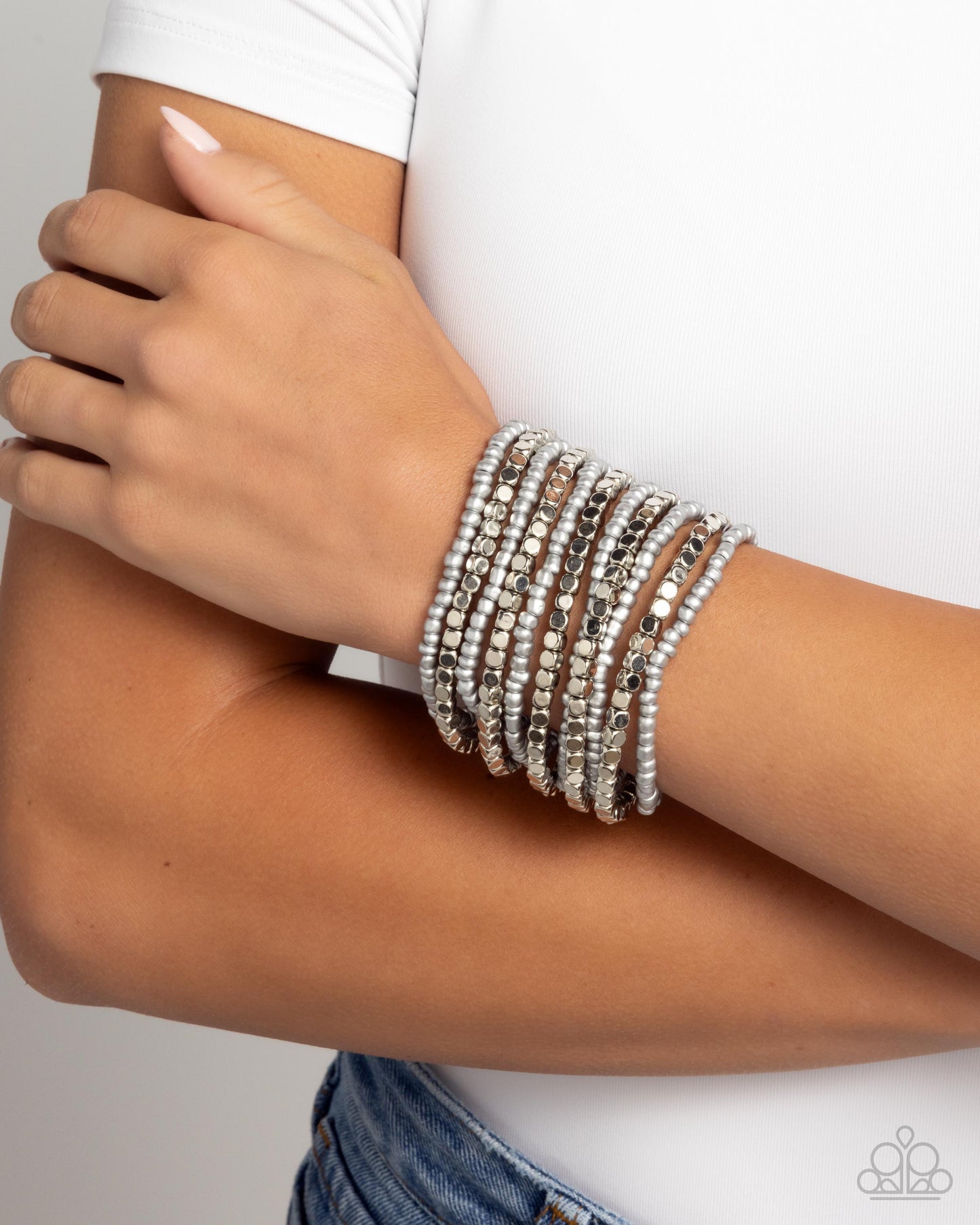 Spirited Stack - Silver Cubed & Matte Gray Seed Bead Paparazzi Stretch Bracelet